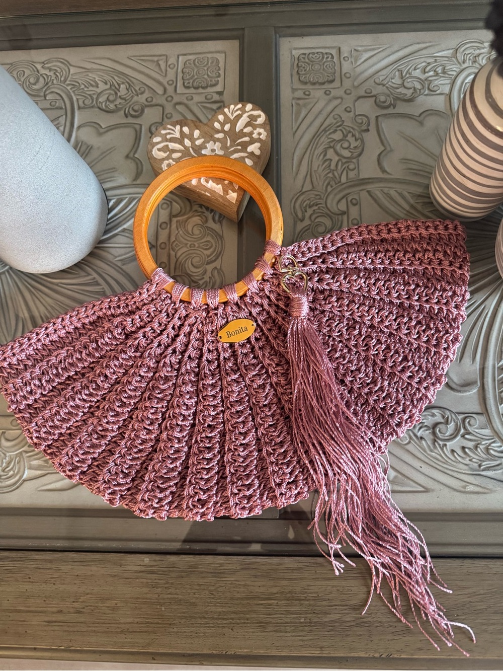 Bonita Bolso Pink Crochet Handbag with Wooden Handles by Yvonne
